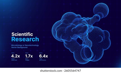 Microbiology or Nanotechnology Visualization of Glowing Particle Cells on Dark Background. Science Research and Medicine Presentation Backdrop. Vector Illustration.