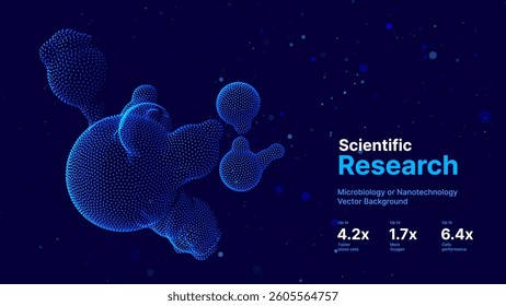 Microbiology or Nanotechnology Visualization of Glowing Particle Cells on Dark Background. Science Research and Medicine Presentation Backdrop. Vector Illustration.