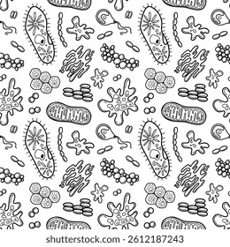Padrão de contorno da microbiologia com micróbios, células. Ilustração do vetor de tinta preta da ciência. Fundo desenhado à mão das células