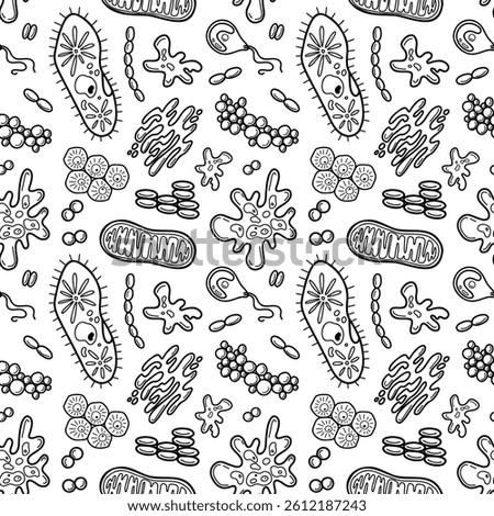 Microbiology outline pattern with microbe, cells. Science blak ink vector illustration. Cells hand drawn background