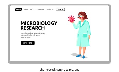 Microbiology Research Laboratory Worker Vector. Junge Frauen in der Mikrobiologie Forschung und Entwicklung, Biotechnologie Discovery Science. Zeichentrickfilm-Mädchen in Labelflatterfassung