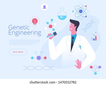 Microbiology Science Flat Banner Vector Template. Scientist, Doctor Holding Beaker Cartoon Character. Futuristic Medicine Advertising Poster Layout. Happy Genetic Engineer Illustration With Text Space