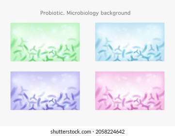 Microbiology science and medicine backgrounds. Bacterias, lactobacillus, Probiotic Microscopic microorganisms. Set of Science backgrounds.