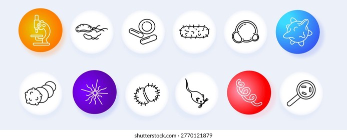 Microbiology science set icon. Microscope amoeba bacteria virus cell organism colony neuron germ spiral magnifier line icons minimal outline style research lab collection.