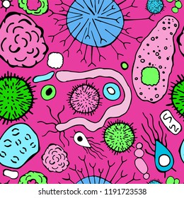 Microbiology seamless pattern. Creative microbiological decoration in luminescent colors. Hand drawn doodle style. Editable vector illustration on pink background. Scientific, biological design.