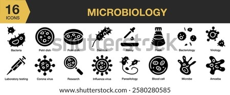 Microbiology solid icon set. Includes biology, science, microbiology, medicine, laboratory, and More. Solid icons vector collection.