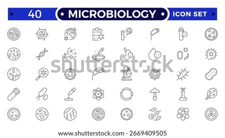 Microbiology tool outline icon set. Vector illustration containing microscope, petri dish, centrifuge, pipette, culture flask, DNA, laboratory equipment, scientific research, and biology icons.
