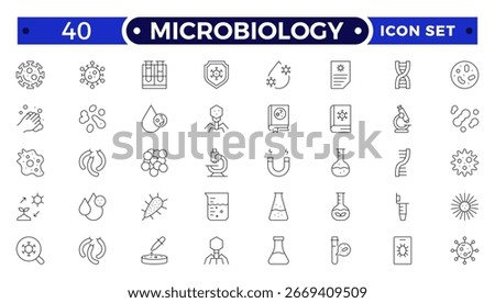 Microbiology tool outline icon set. Vector illustration containing microscope, petri dish, centrifuge, pipette, culture flask, DNA, laboratory equipment, scientific research, and biology icons.
