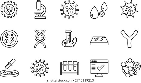 Microbiology and Virology Icon Set Featuring Virus Cells, DNA Helix, Microscope, Petri Dish, Laboratory Glassware, and Biotechnology Research Vector Line Art