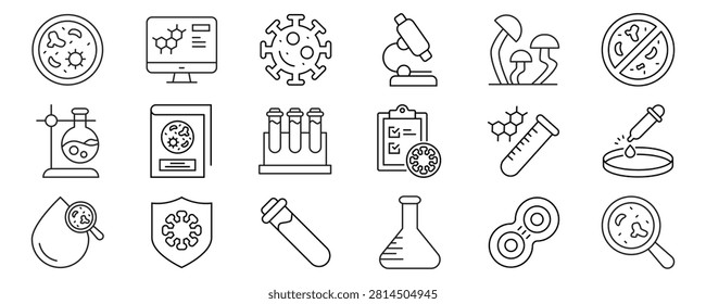 Microbiology web icons in line style. Bacteria structure, cell anatomy, pathogen research, microscope analysis, petri culture, biotech assay. Vector illustration.