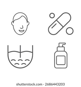 Ícone de microbioma definido em estilo de linha mínima, ilustração vetorial editável mostrando símbolos de conceito de bactérias, DNA e cuidados com a pele.