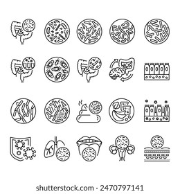 Microbiome line black icons. Human microflora. Sign for web page, mobile app, button, logo. Vector isolated button. Editable stroke.