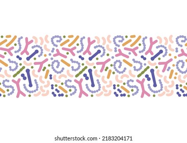 Microbiome seamless border. Probiotic bacteria print with colorful lactobacillus, bifidobacteria, acidophilus. Flat hand drawn biology illustration.