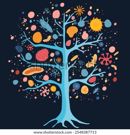Microbiome Vector tree Illustration. Colorful and Informative Design of Gut Health and Microorganisms, beneficial bacteria and probiotics