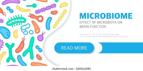 Microbiome Website Landing Page Template, Newsletter, Advertising, Label, Presentation. Vector Background With Bacteria. Microbiome Website Landing Page Template, Newsletter, Advertising, Label