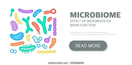 Microbiome Website Landing Page Template, Newsletter, Advertising, Label, Presentation. Vector Background With Bacteria. Microbiome Website Landing Page Template, Newsletter, Advertising, Label, Prese