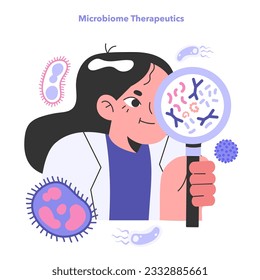 Microbiome-based therapeutics. Antibiotics, pre or probiotics and faecal microbiota transplantation. Restoring a healthy gut microbiome. Flat vector illustration