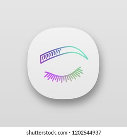 Microblading eyebrows app icon. Eyebrows tinting. Permanent makeup. Brows shaping by tattooing. Pigment application. UI/UX user interface. Web or mobile application. Vector isolated illustration