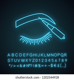 Microblading eyebrows neon light icon. Microblading pen tool. Eyebrows tattoo pen. Permanent makeup. Brows shaping. Glowing sign with alphabet, numbers and symbols. Vector isolated illustration