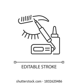 Microblading linear icon. Brows shaping and grooming. Eyebrows tattooing. Semi permanent makeup. Thin line customizable illustration. Contour symbol. Vector isolated outline drawing. Editable stroke