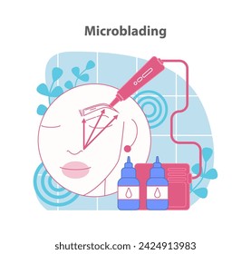 Ilustración de procedimiento de microblading, que muestra el realce preciso de la ceja. Aplicación de maquillaje semipermanente para cejas más llenas. Ilustración vectorial plana.