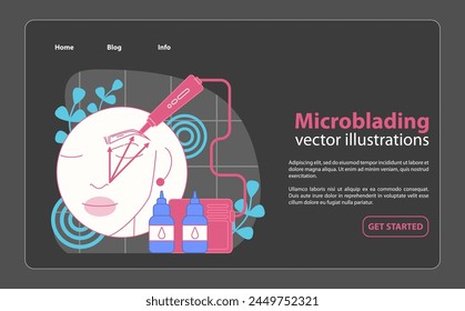 Microblading procedure illustration, showcasing precise eyebrow enhancement. Semi-permanent makeup application for fuller brows. Flat vector illustration.