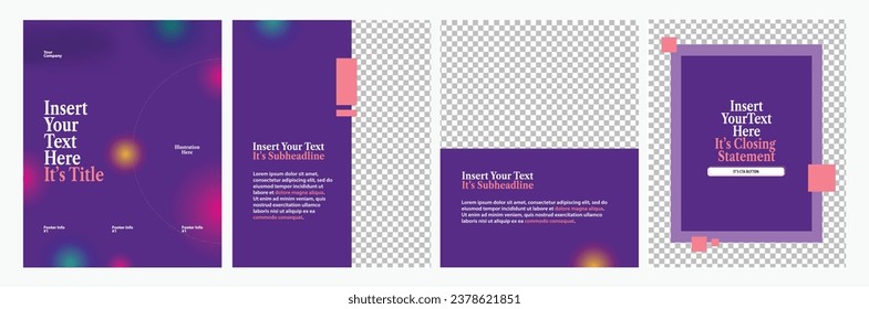 Microblog or carousel post for social media. Four pages purple colored social media template with gradient circle decoration.