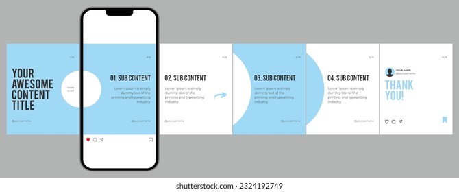 Microblog or carousel post template design for social media. Six page in portrait frame, modern simple minimalist style with ice blue and white color theme.