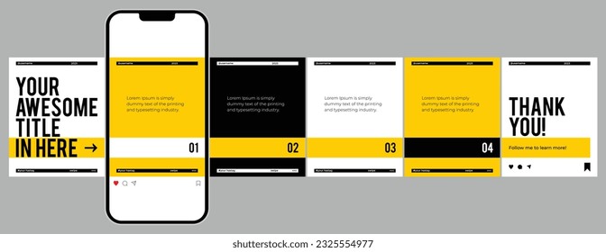 Diseño de plantillas de post de microblog o carrusel para medios sociales. Seis páginas con marco retrato, estilo moderno sencillo y minimalista con temática de color blanco, amarillo y negro.