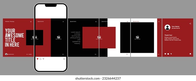 Microblog or carousel post template design for social media. Six page in portrait frame, modern simple minimalist style with red ruby and black color theme.