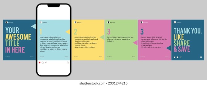 Microblog oder Karussell Post Template Design für soziale Medien. Sechs Seiten im Porträtrahmen, nahtlos, minimalistisch mit hellen Pastellfarben Thema.