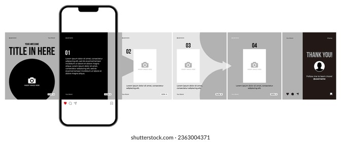 Diseño de plantillas de post de microblog o carrusel para medios sociales. Seis páginas en marco retrato, sin inconvenientes, estilo minimalista con tema de color negro y gris.