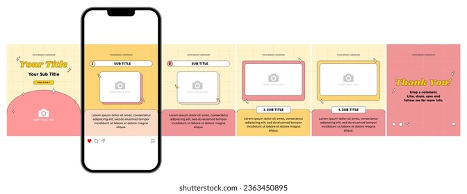 Diseño de plantillas de post de microblog o carrusel para medios sociales. Seis páginas en marco retrato, sin costura, estilo estético retro de los años 90 con tema de colores amarillo y rosa.