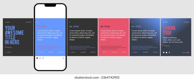 Microblog or carousel post template design for social media. Six page in portrait frame, seamless, minimalist style with black, baby blue and hot pink color theme.