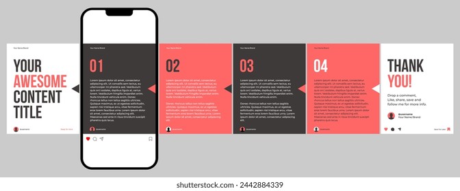 Microblog or carousel post template design for social media. Six page in portrait frame, seamless, minimalist style with white, black and red colors theme