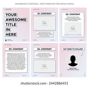 Microblog or carousel post template design for social media. Six page in portrait frame, minimalist 90's style with soft purple and pink gradient color theme.