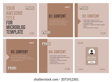 Microblog Carousel Slides Template For Instagram. Six Pages With Flat Simple Brown Background Theme.