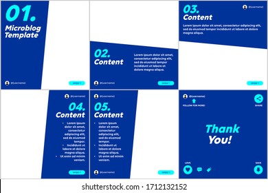 Microblog carousel slides template for social media with Navy and sky blues, half squares theme.