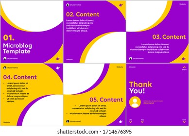 Microblog carousel slides template for social media with flat purple and yellow half circles theme.