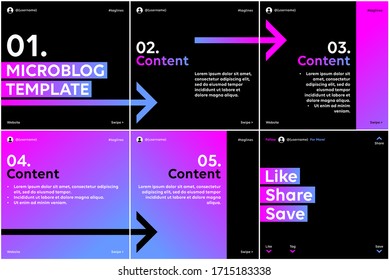 Microblog carousel slides template for social media with pink blue gradient, arrows theme.