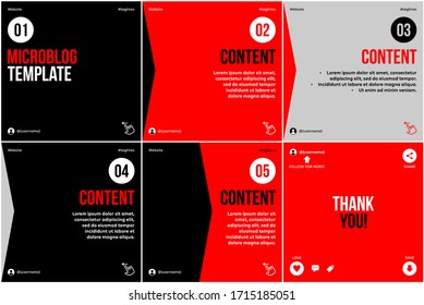 Microblog carousel slides template for social media with flat black, red and grey, swipe squares theme.