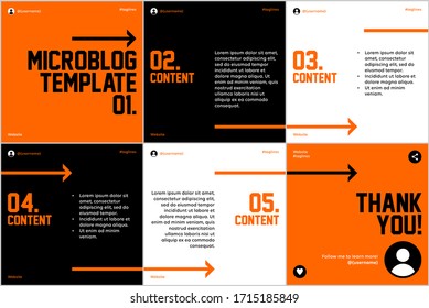 Plantilla de diapositivas de carrusel de microblog para medios sociales con tema de flechas de color naranja y negro plano.