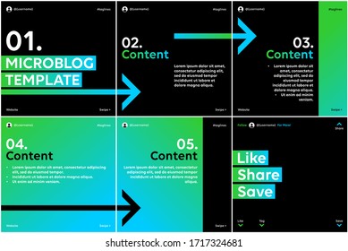 Microblog carousel slides template for social media with green and blue gradient, arrows theme.