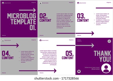 Plantilla de diapositivas de carrusel de microblog para medios sociales con tema de flechas de color morado y gris plano.