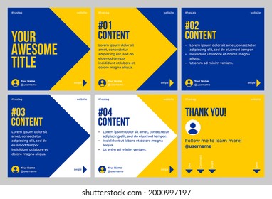 Microblog carousel slides template for social media with blue and yellow triangle theme.