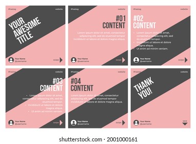 Microblog carousel slides template for social media with dark grey and pink faded tilted stripes theme