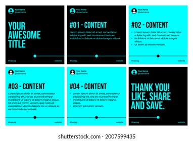 Microblog carousel slides template for social media with black and blue cyan points line theme.