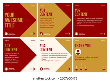 Microblog carousel slides template for social media with maroon and gold triangle theme.
