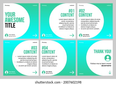 Microblog carousel slides template for social media with turqoise gradient and white rounded theme