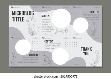 Microblog carousel slides template for social media with hand drawn floral elements, soft colors, for any business.